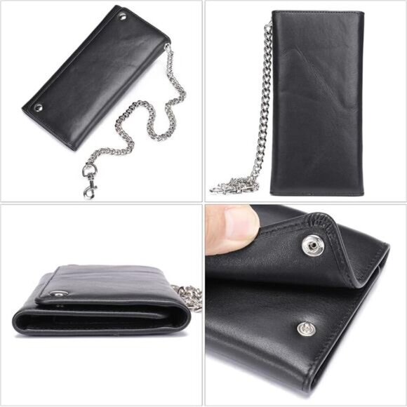 Genuine Leather Trifold Wallet with Chain, Biker Trucker wallet - Picture 2 of 8
